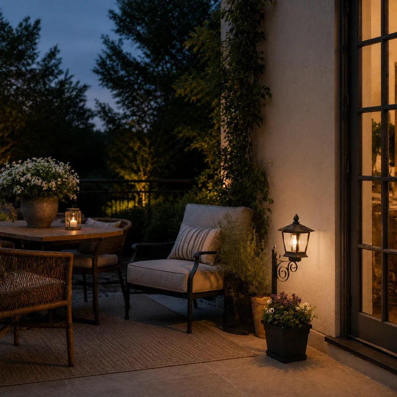 Askim lantern planter beside patio seating at dusk