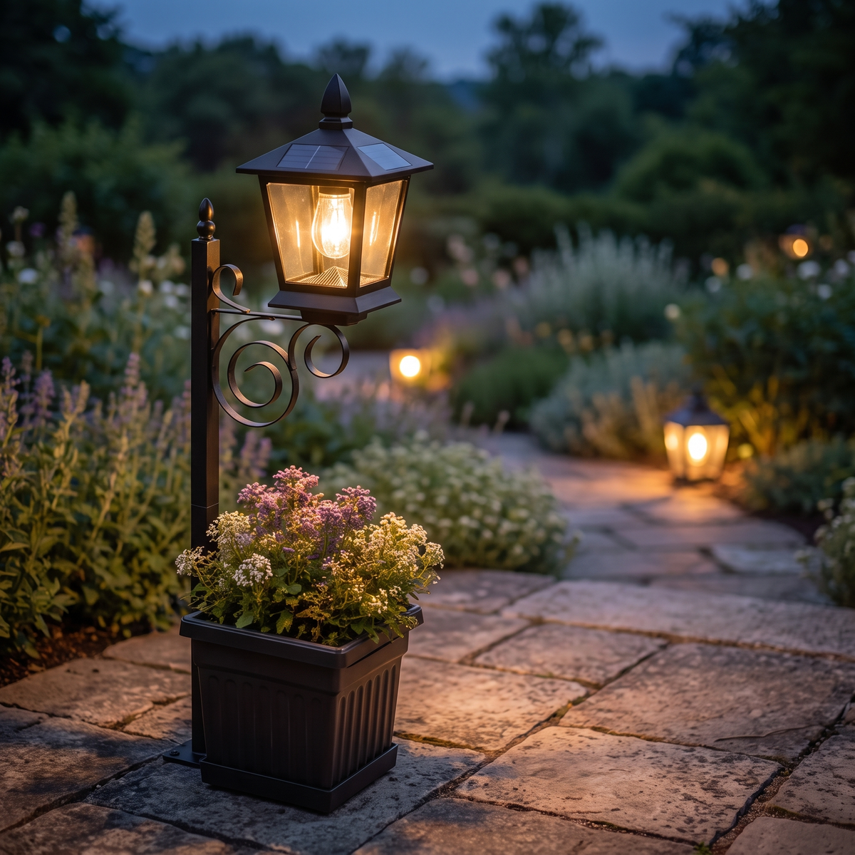 Askim lantern planter glowing on a stone terrace at dusk