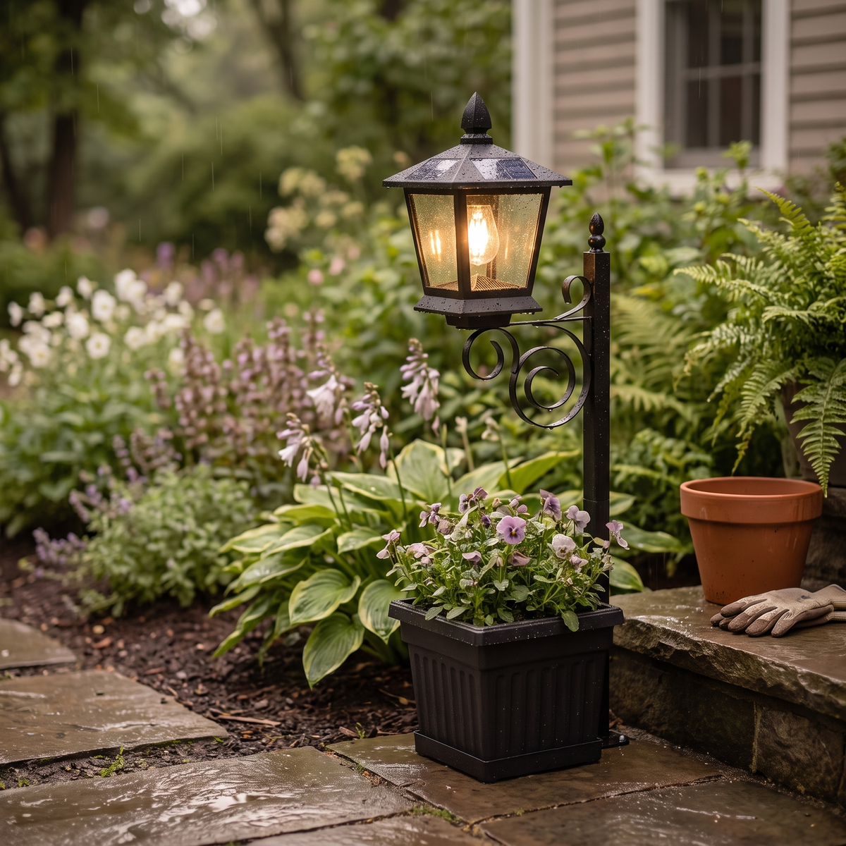 Askim lantern planter by a front step after rain