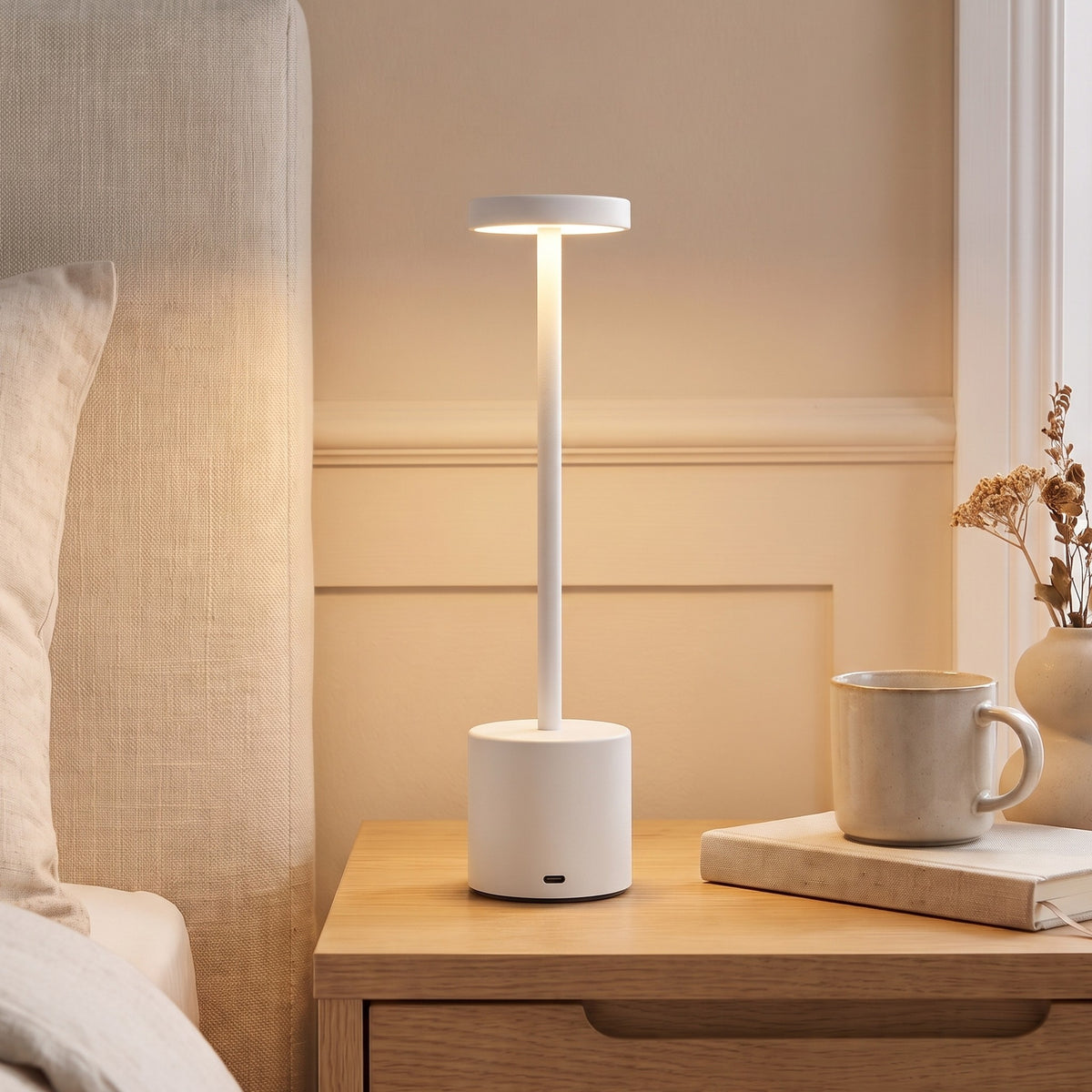 White Asta cordless table lamp lit on a bedside table