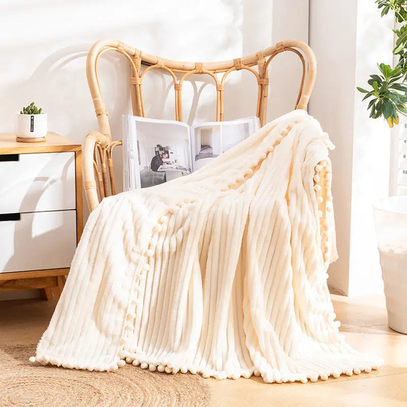 Velvet Pom Fringe Flannel Throw Blanket, Striped