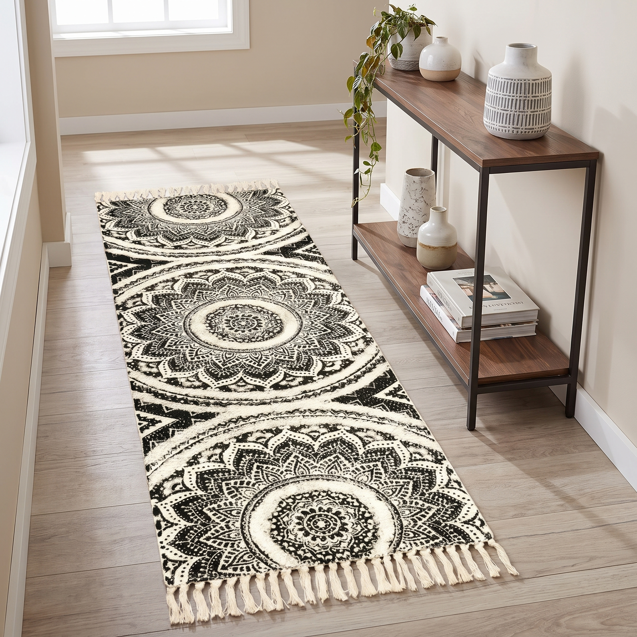 Bohemian Black and Cream Runner Mat, Cotton