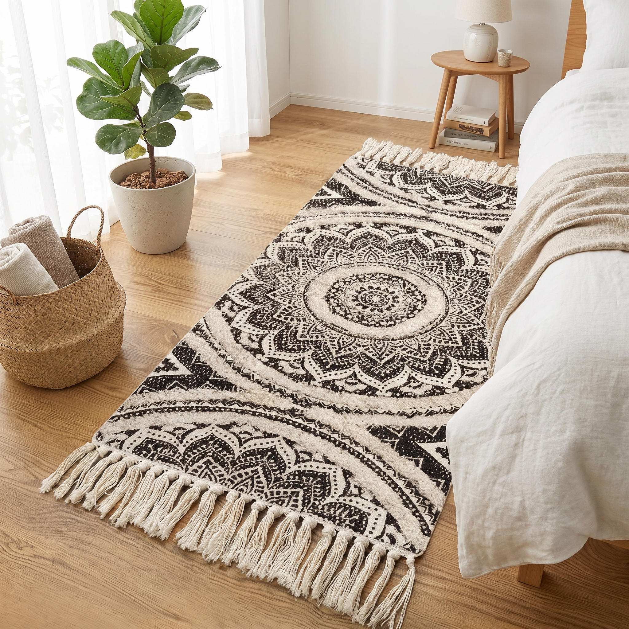 Bohemian Black and Cream Runner Mat, Cotton