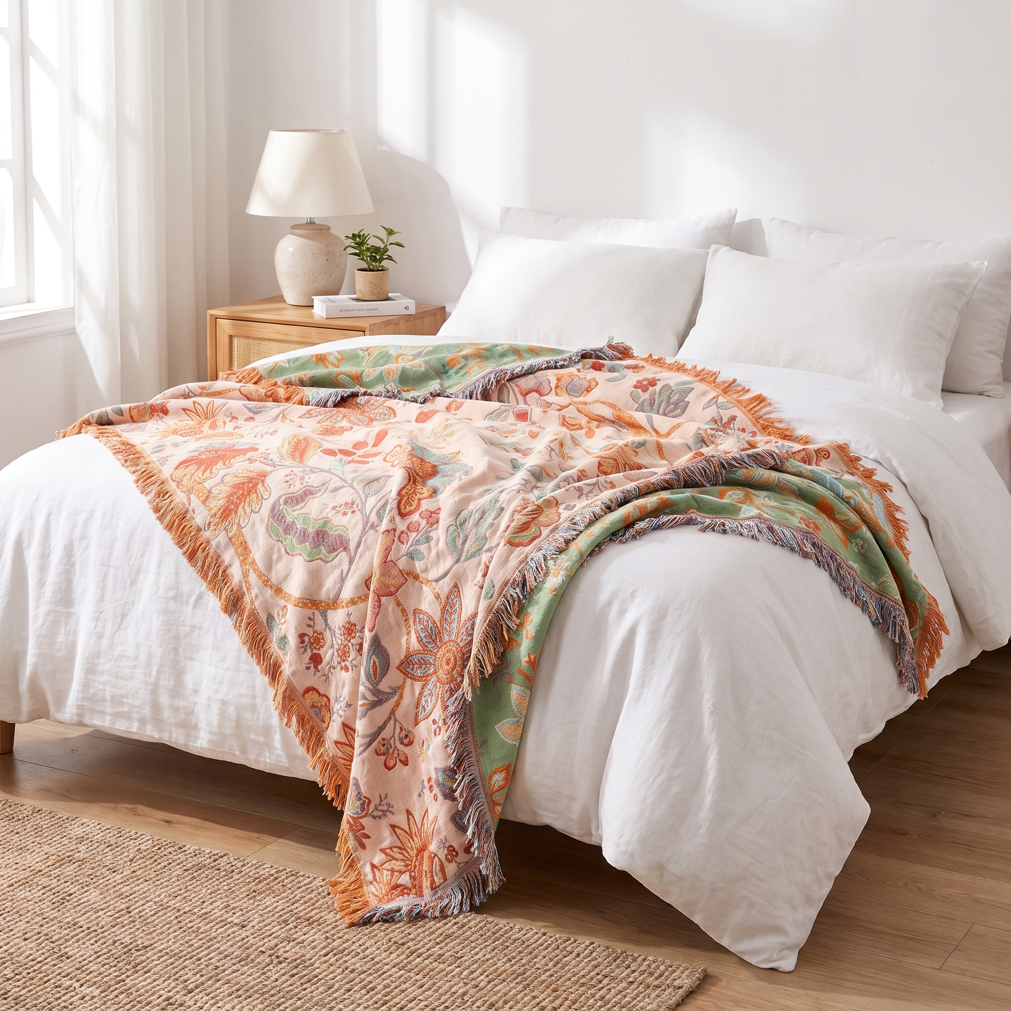 Boho Floral Cotton Throw Blanket, Cream, Tasseled Fringe