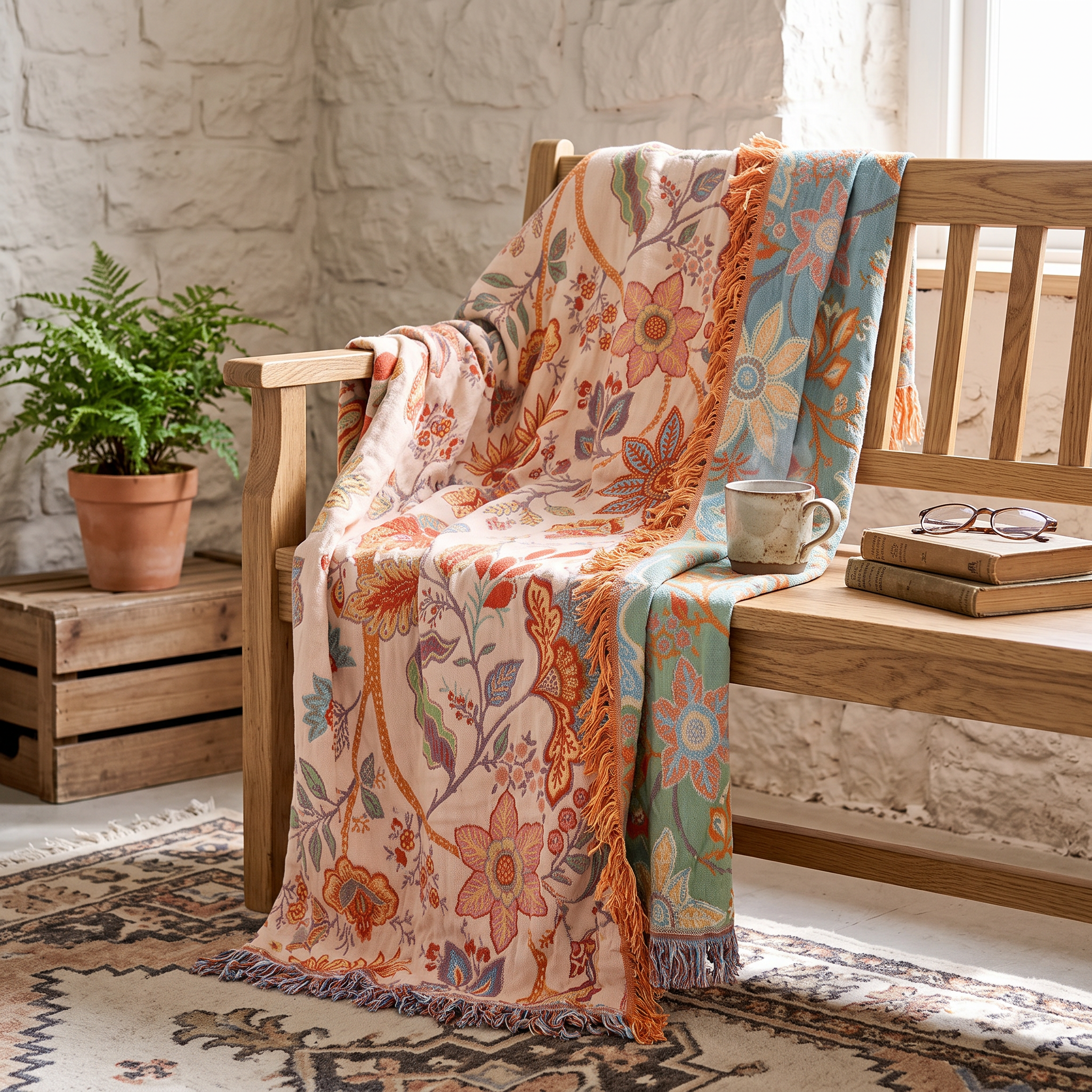 Boho Floral Cotton Throw Blanket, Cream, Tasseled Fringe