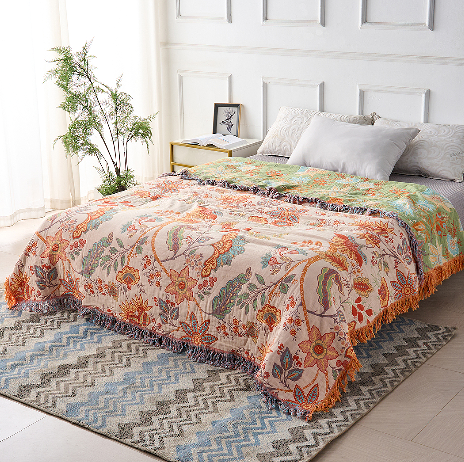 Boho Floral Cotton Throw Blanket, Cream, Tasseled Fringe