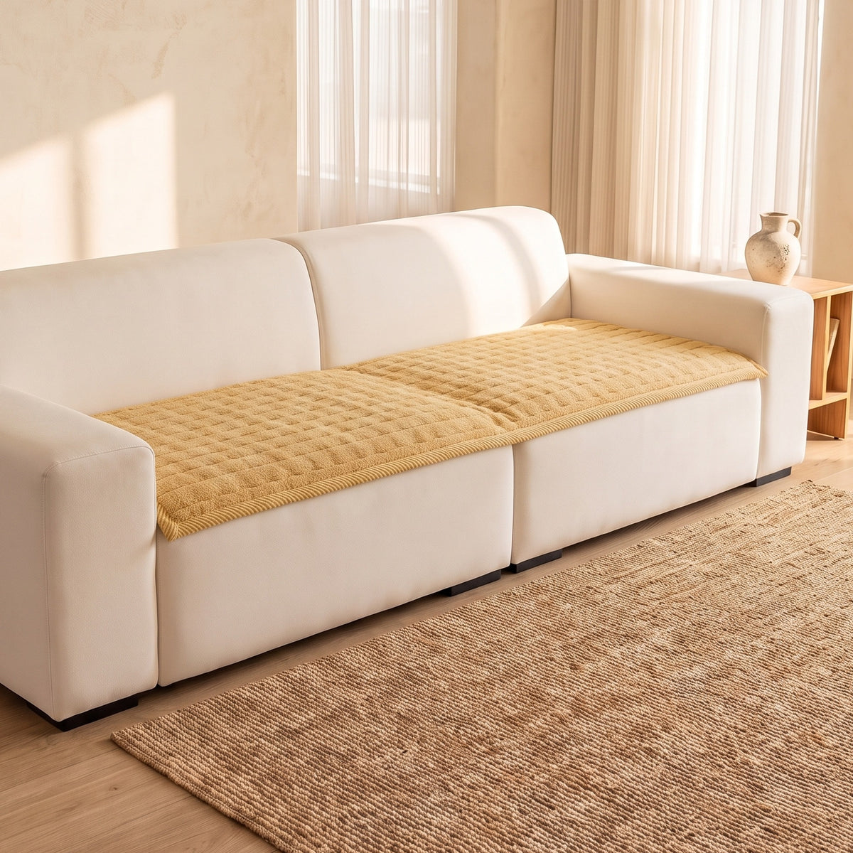 Sofa Seat Cover in Honey on a sofa