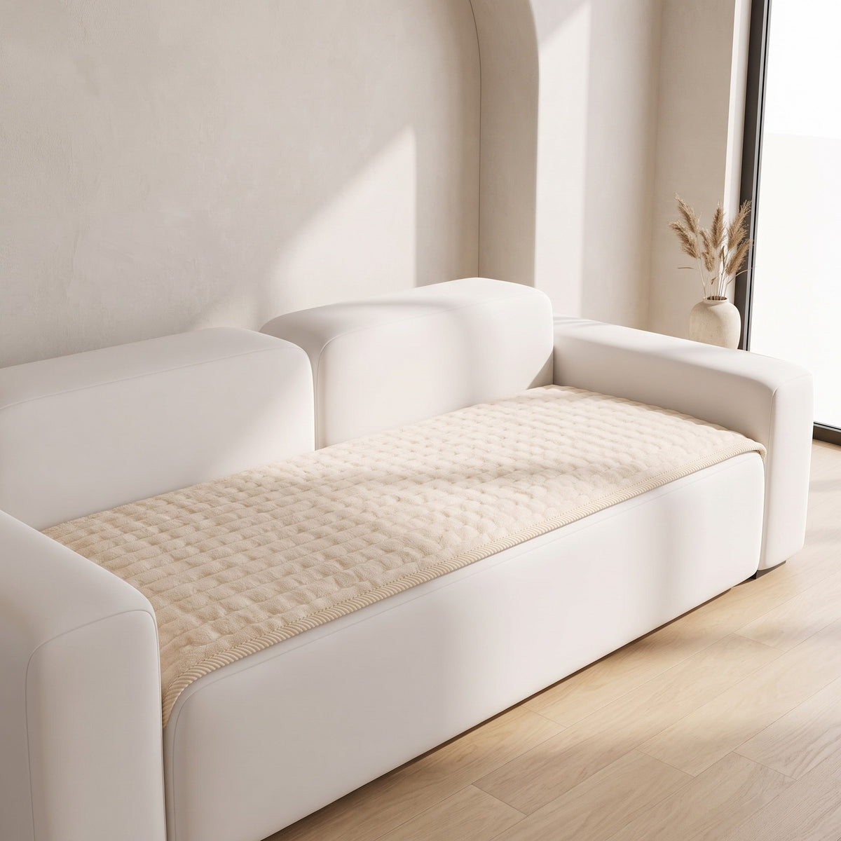 Sofa Seat Cover in Cream on a sofa, covers the seat cushions
