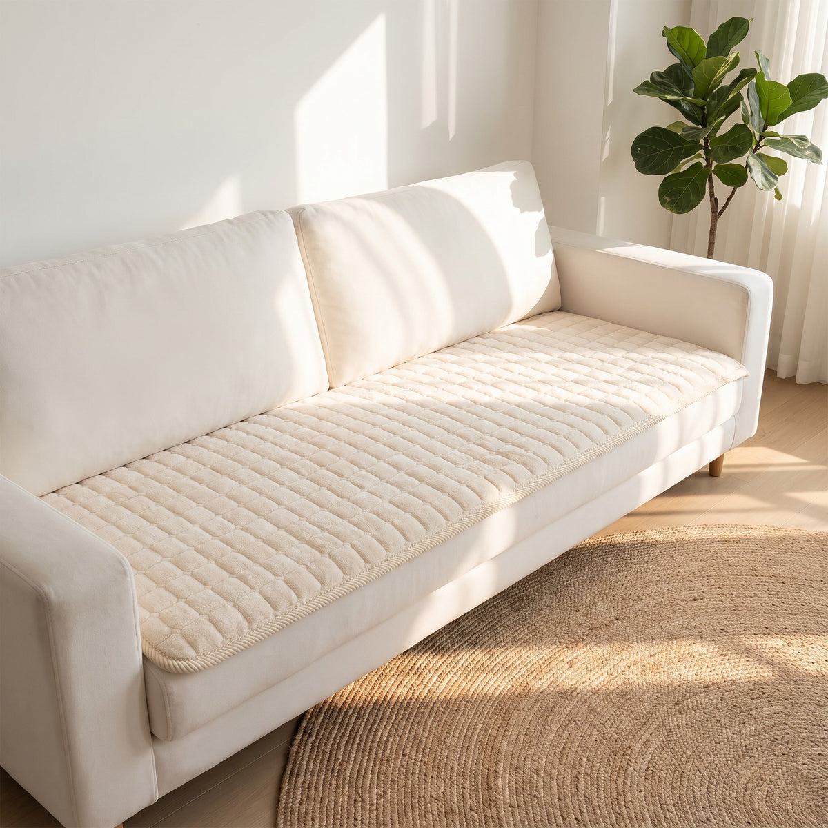 Sofa Seat Cover in Cream on a sofa in a lived in room