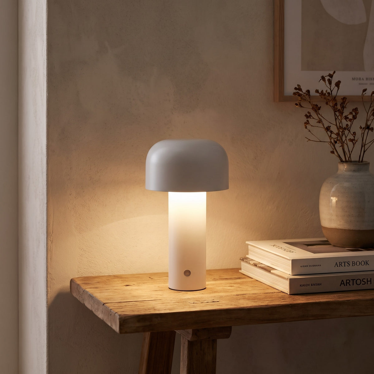 Britta dome table lamp in white, lit on a wooden bench table