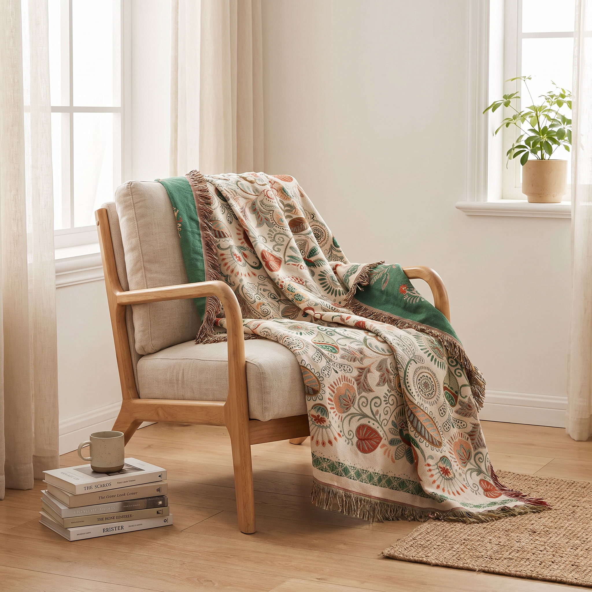 Boho Reversible Throw Blanket, Tasseled Cotton Gauze