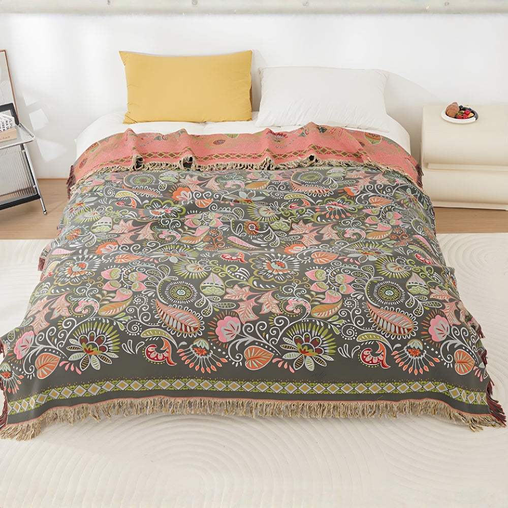 Boho Reversible Throw Blanket, Tasseled Cotton Gauze