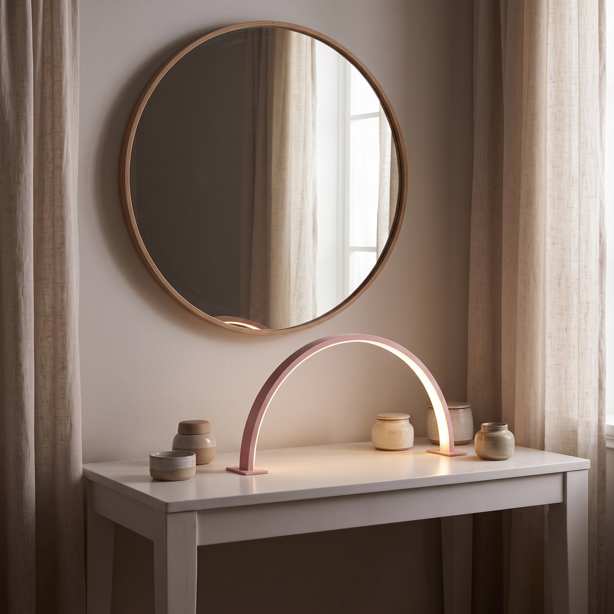Pink half moon lamp glowing warm on a white dressing table under a round mirror