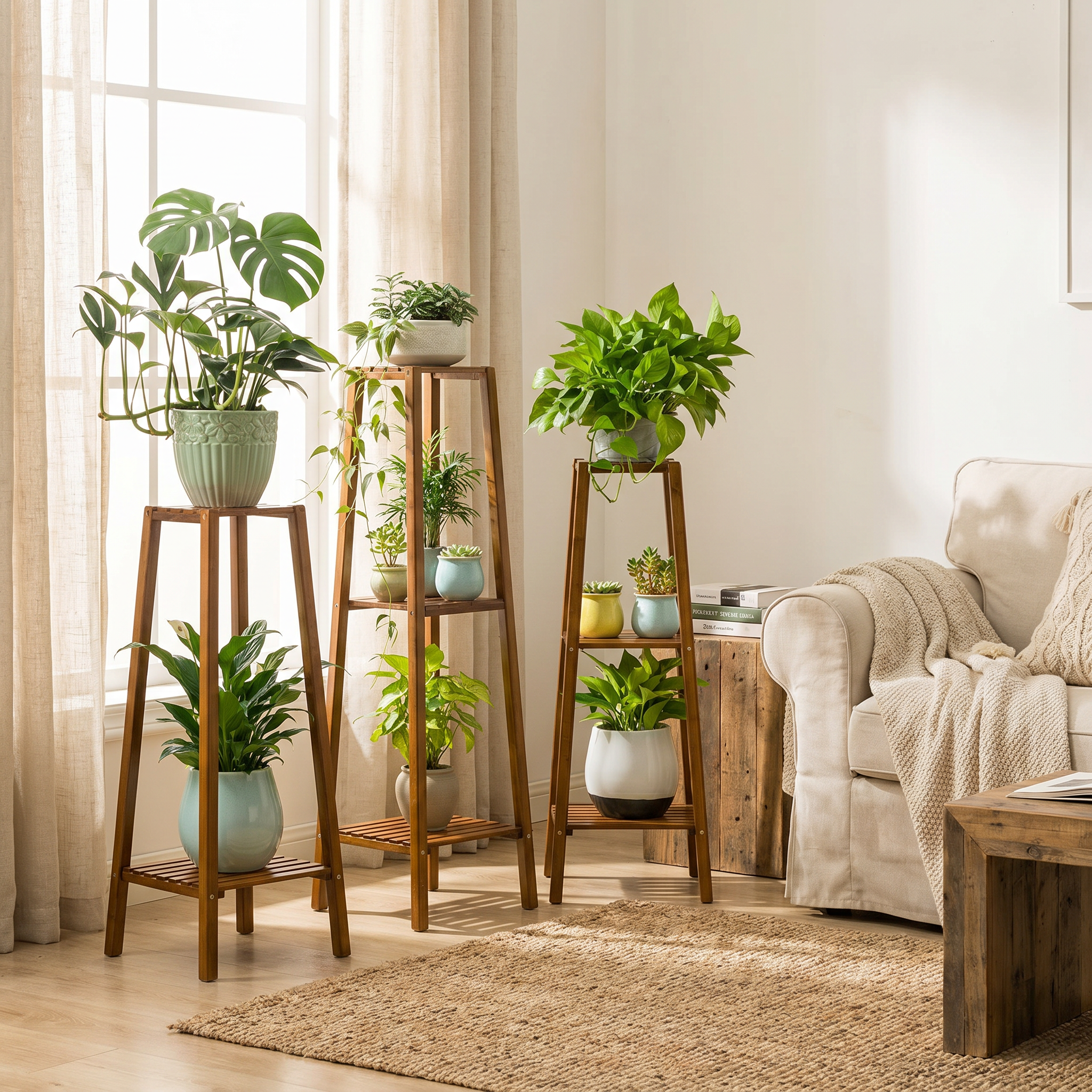 Bamboo Tiered Plant Stand, Slatted, 2, 3 or 4 Tiers, Indoor Outdoor