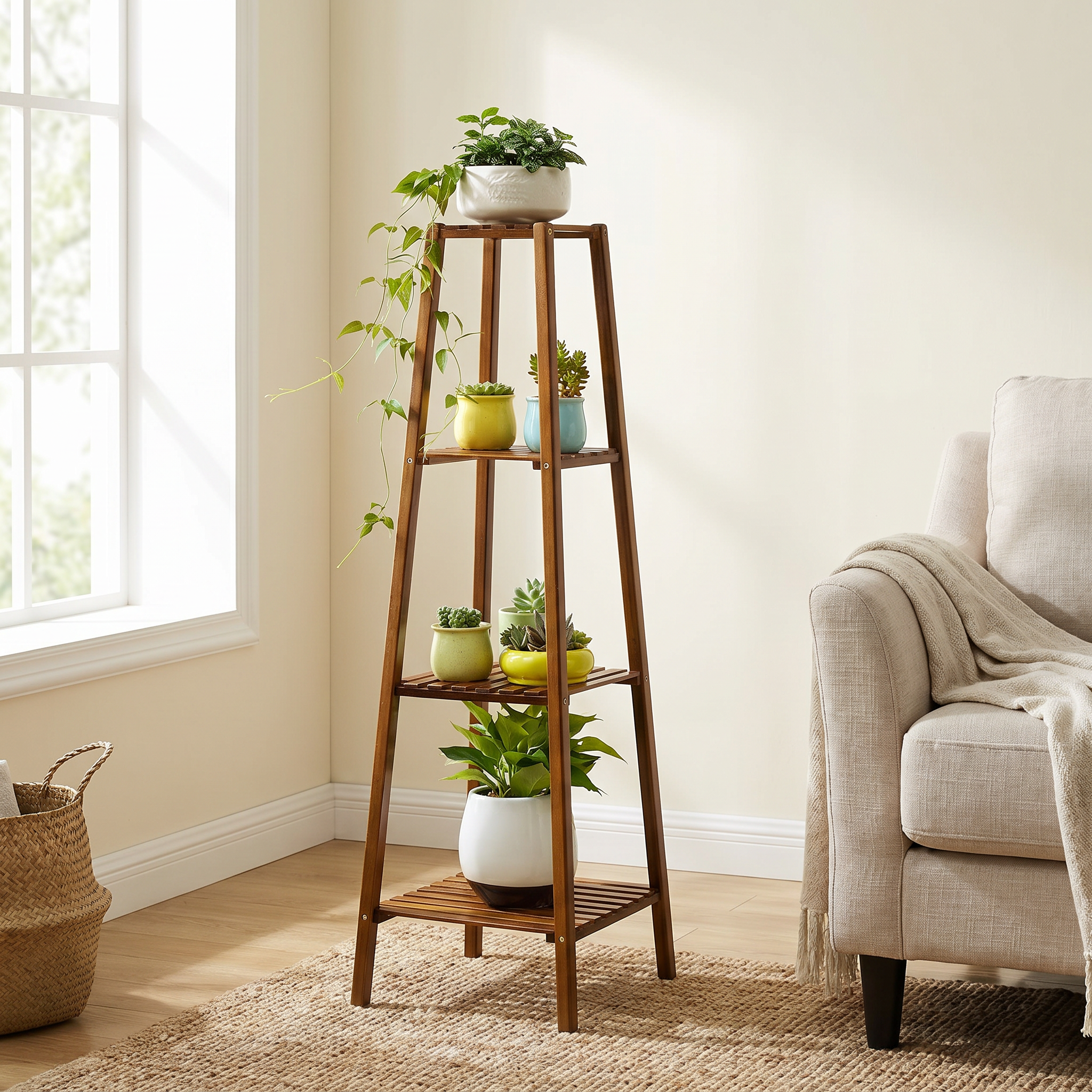 Bamboo Tiered Plant Stand, Slatted, 2, 3 or 4 Tiers, Indoor Outdoor
