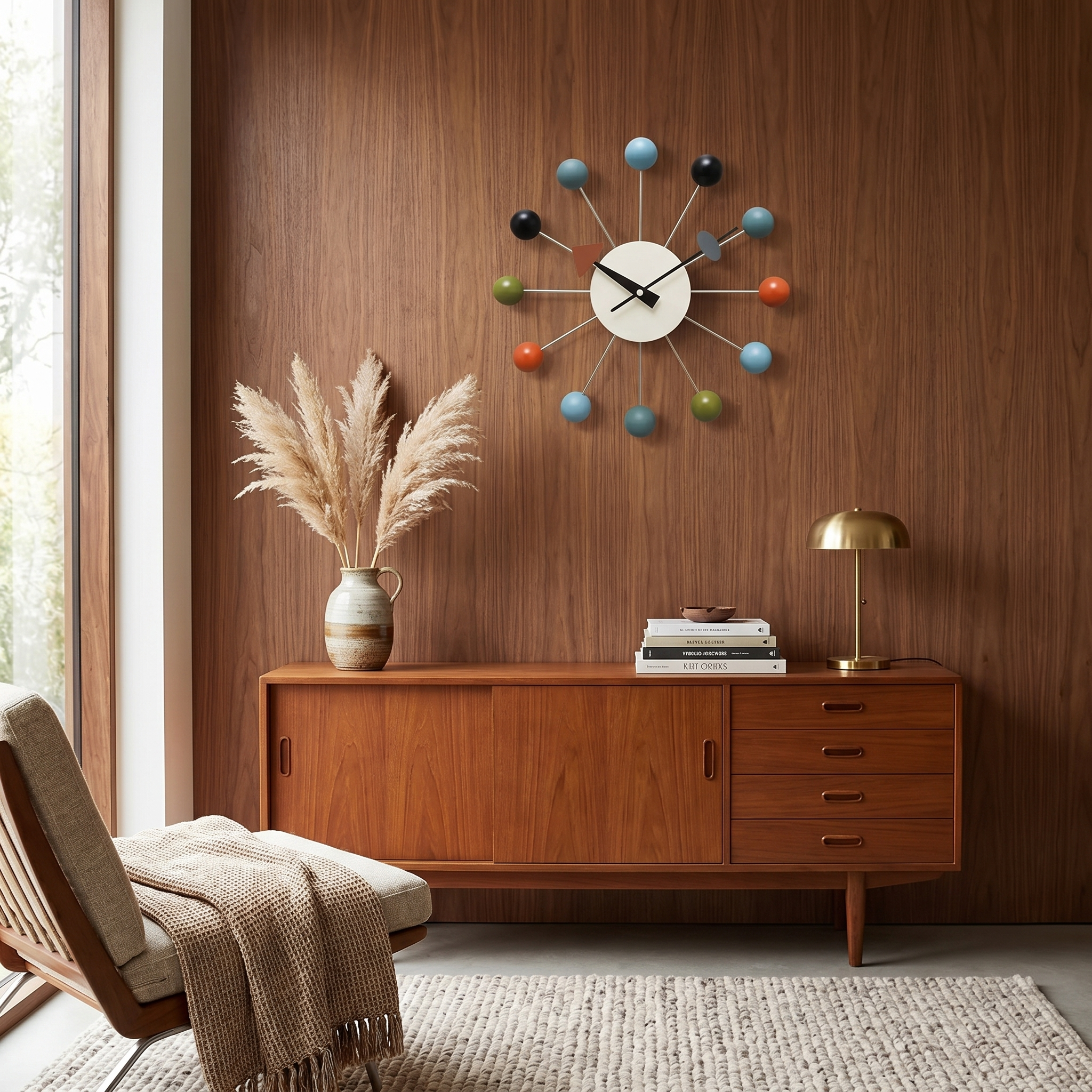 Ball Wall Clock, Metal and Wood, Silent Quartz, 33 x 33 cm, Nine Colors