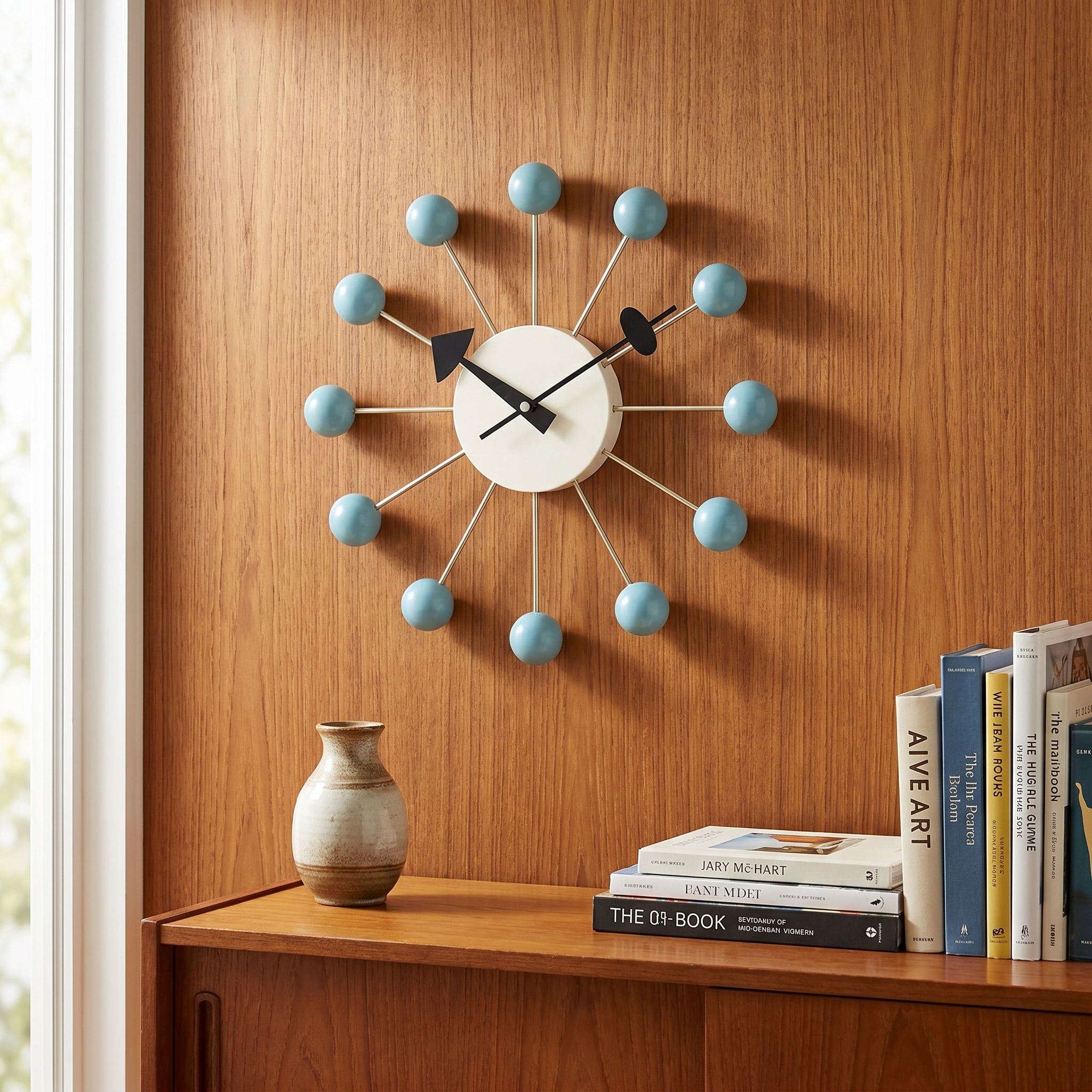 Ball Wall Clock, Metal and Wood, Silent Quartz, 33 x 33 cm, Nine Colors