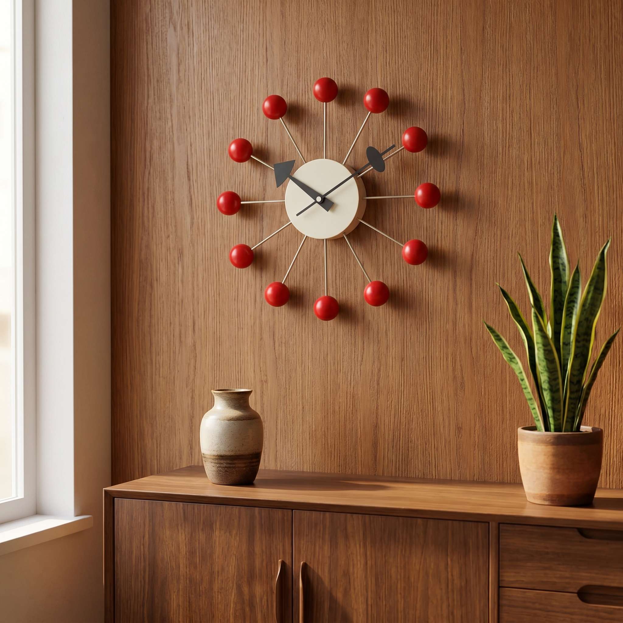 Ball Wall Clock, Metal and Wood, Silent Quartz, 33 x 33 cm, Nine Colors