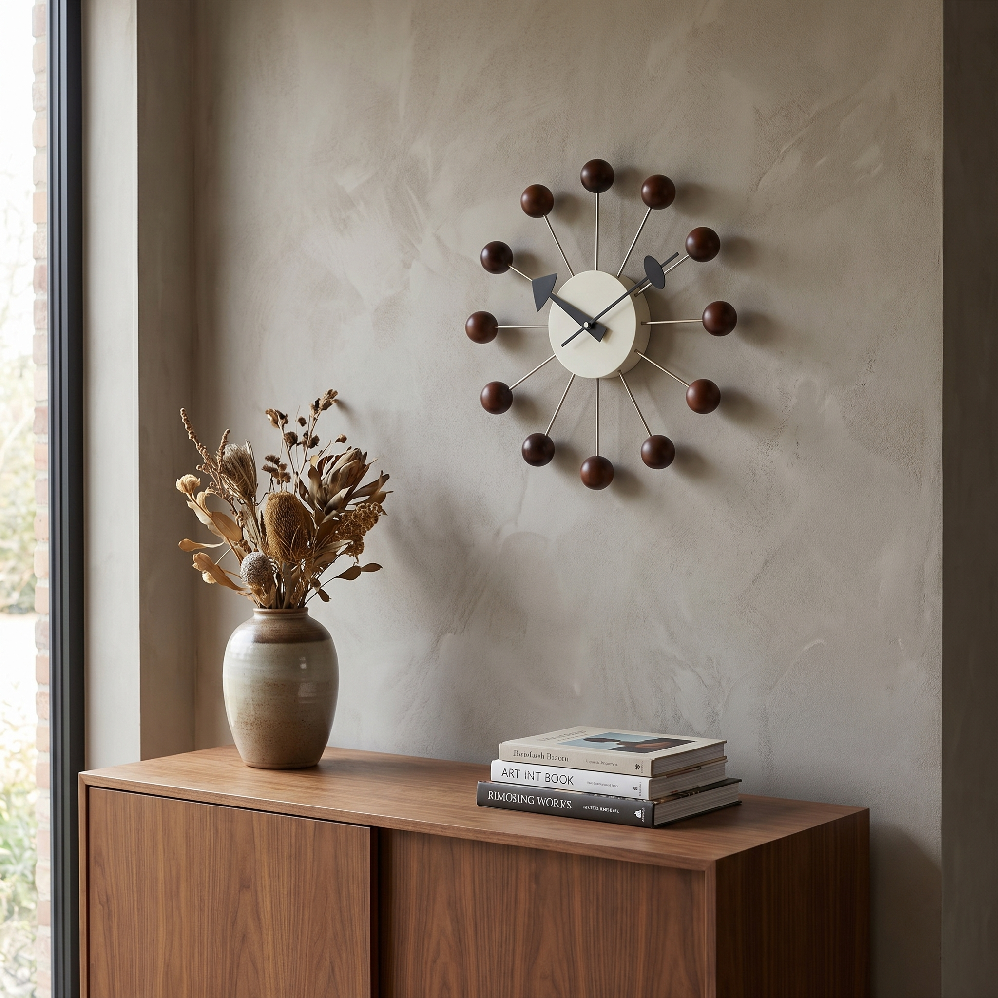Ball Wall Clock, Metal and Wood, Silent Quartz, 33 x 33 cm, Nine Colors