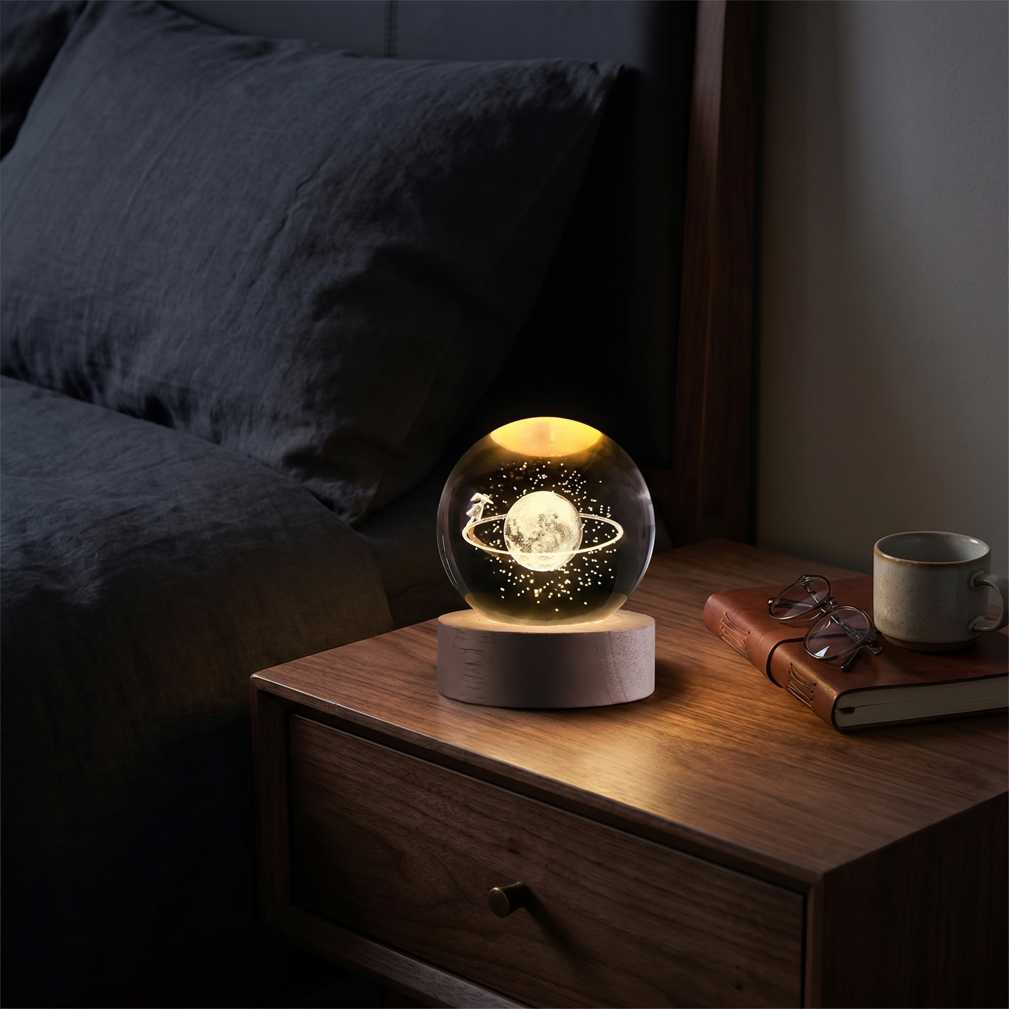 Crystal Ball Lamp, 3D Engraved, Solid Wood and Glass, Warm White LED