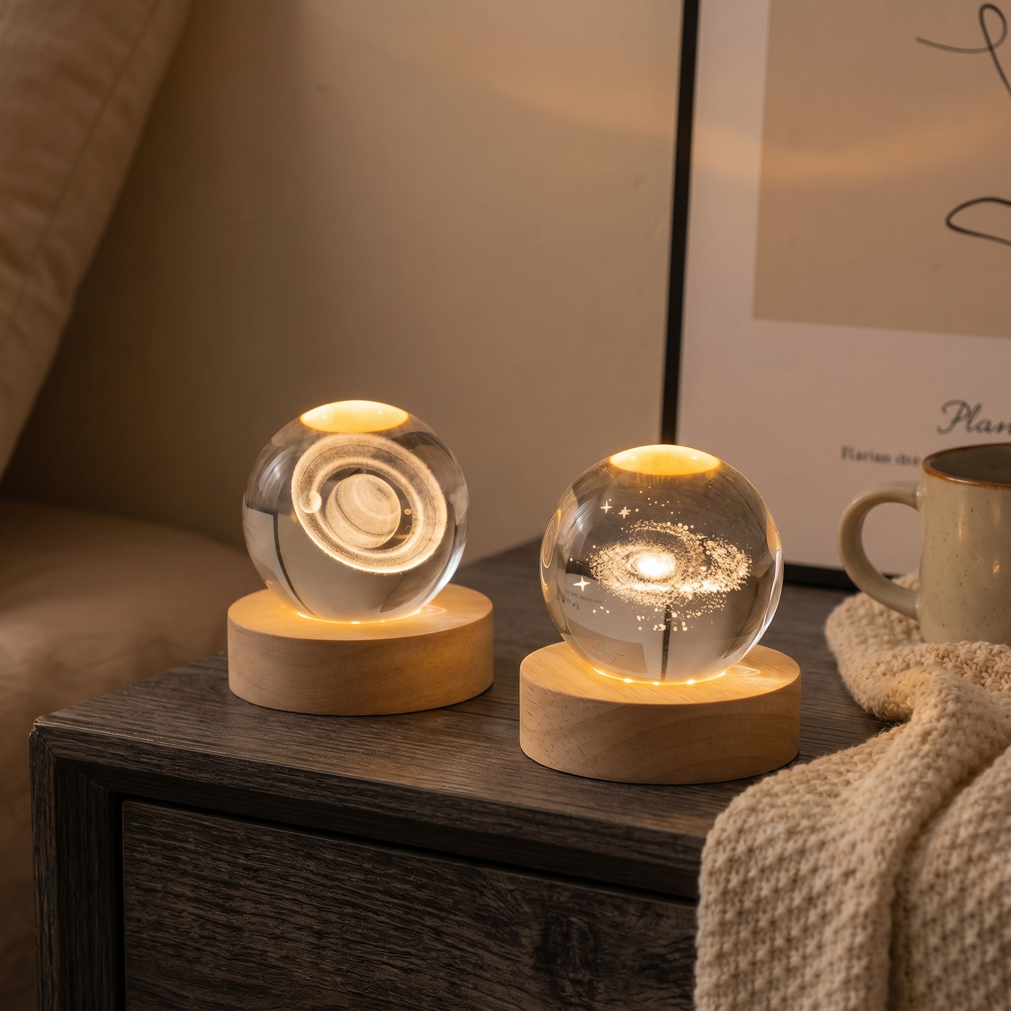 Crystal Ball Lamp, 3D Engraved, Solid Wood and Glass, Warm White LED