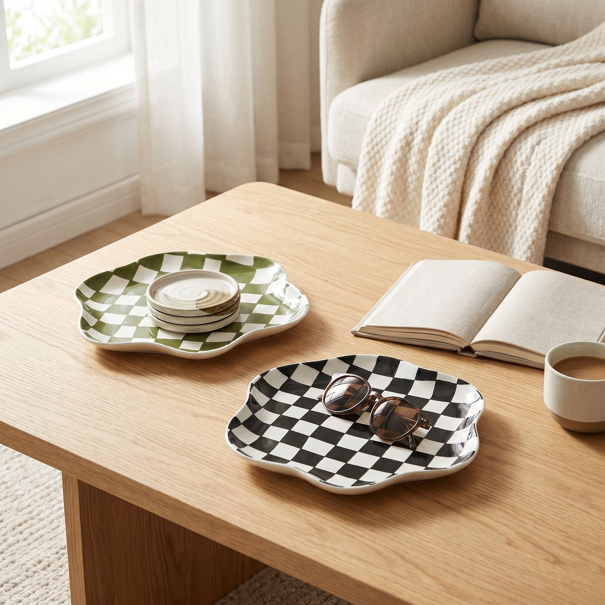 Checkered Ceramic Tray, 23 cm Diameter, Olive or Black