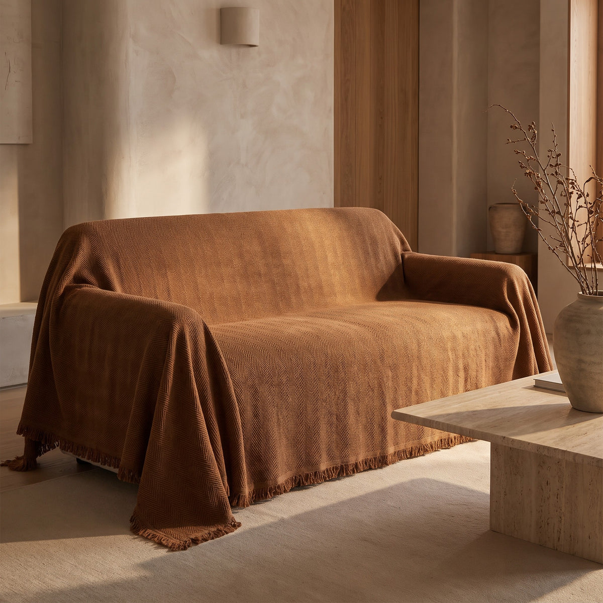 Sofa Cover in Brown on a sofa in a lived in room