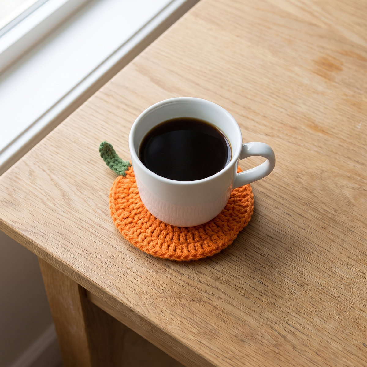 Orange crochet pumpkin coaster under a white mug of coffee on an oak table