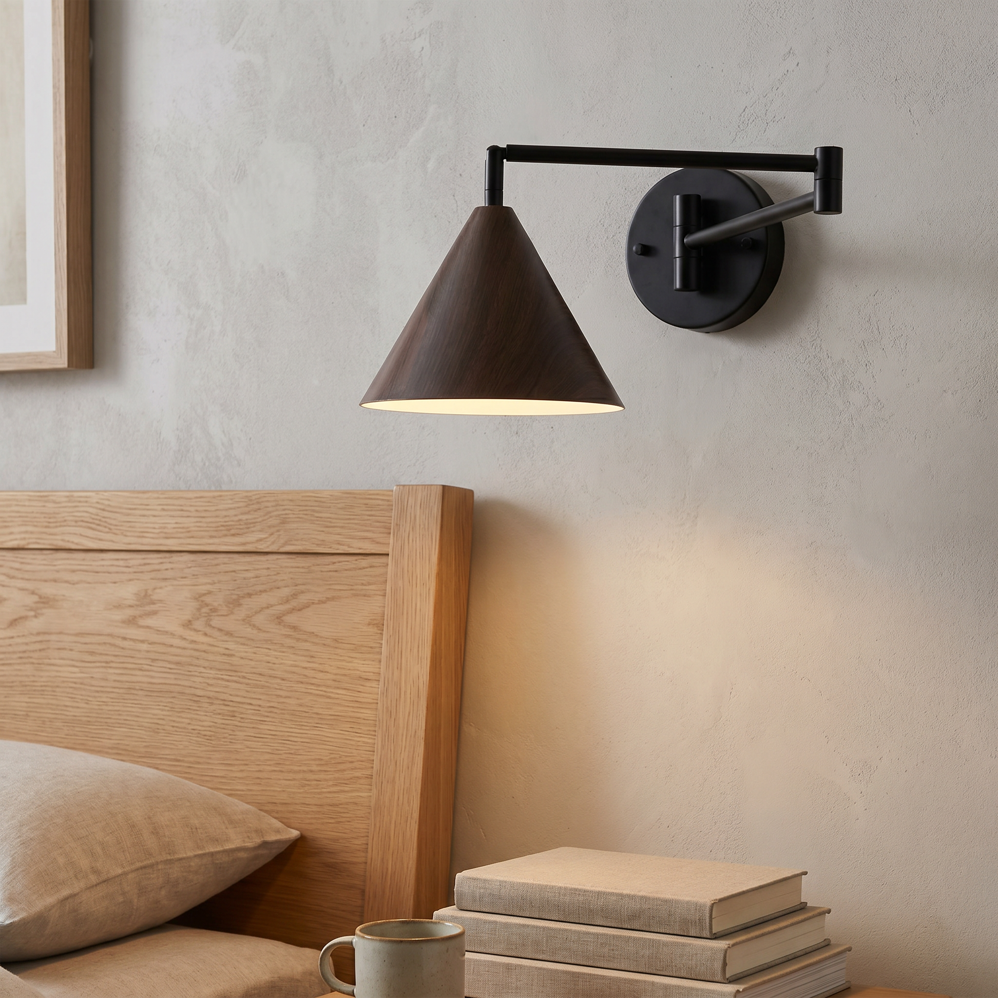 Cone Swing Arm Wall Sconce, Iron, E26, Walnut or Wood, 3000K or 5000K