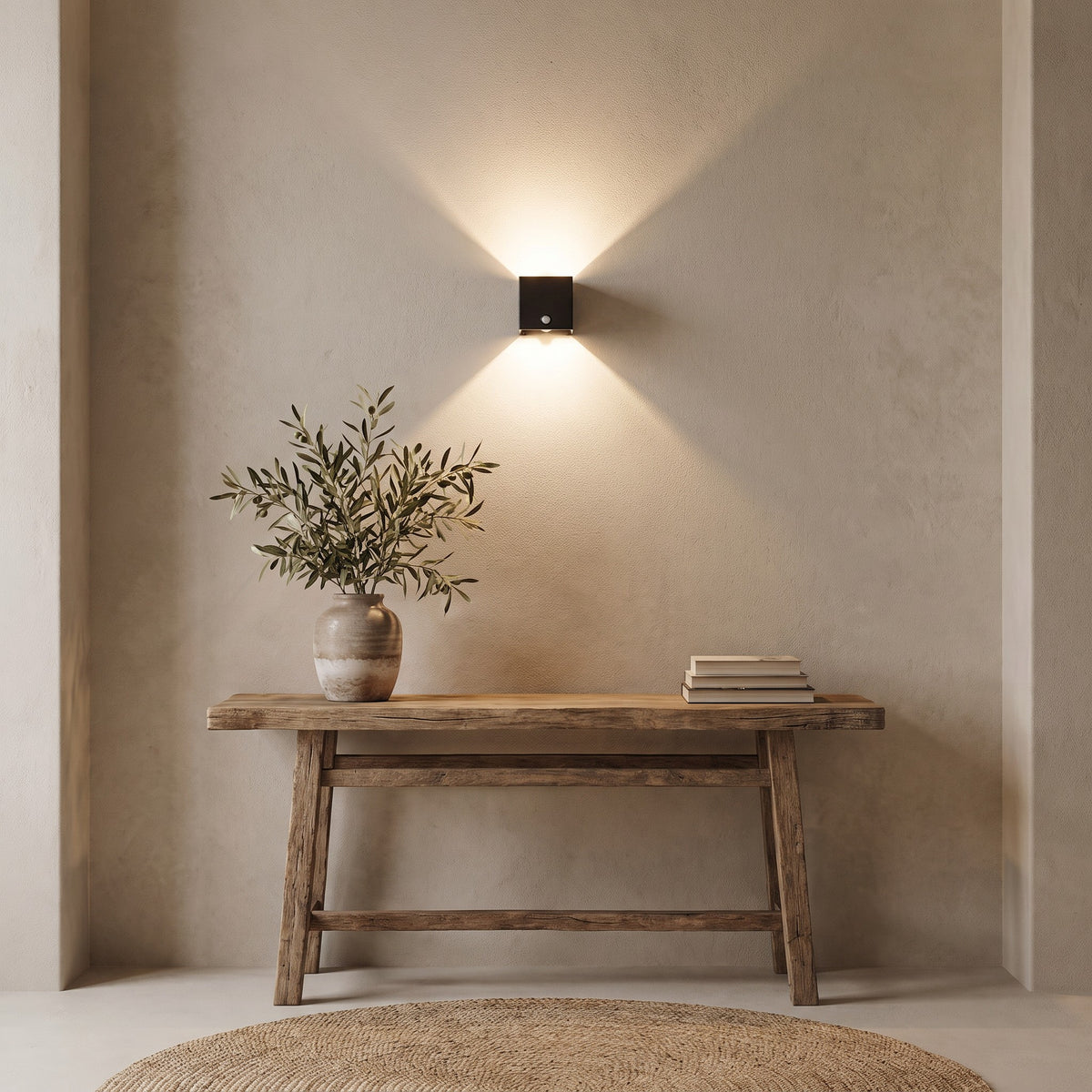Cube outdoor wall light above a rustic console with an olive branch vase