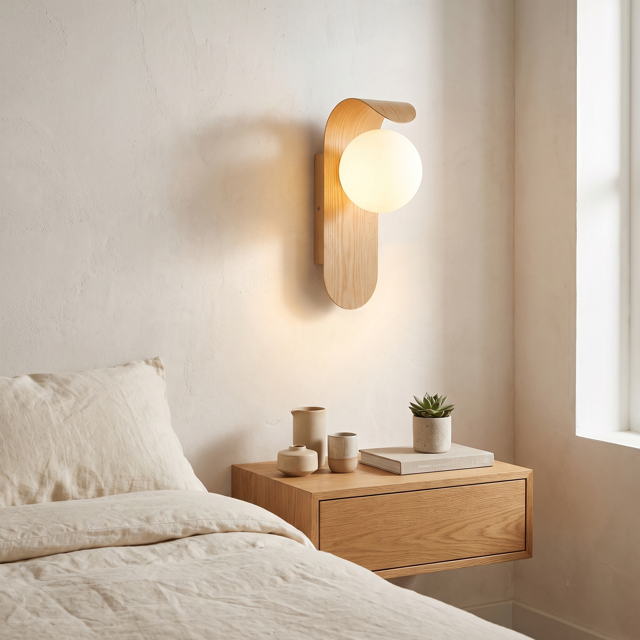 Carlyle Wall Lamp, Frosted Glass Globe, Wood-Tone Finish