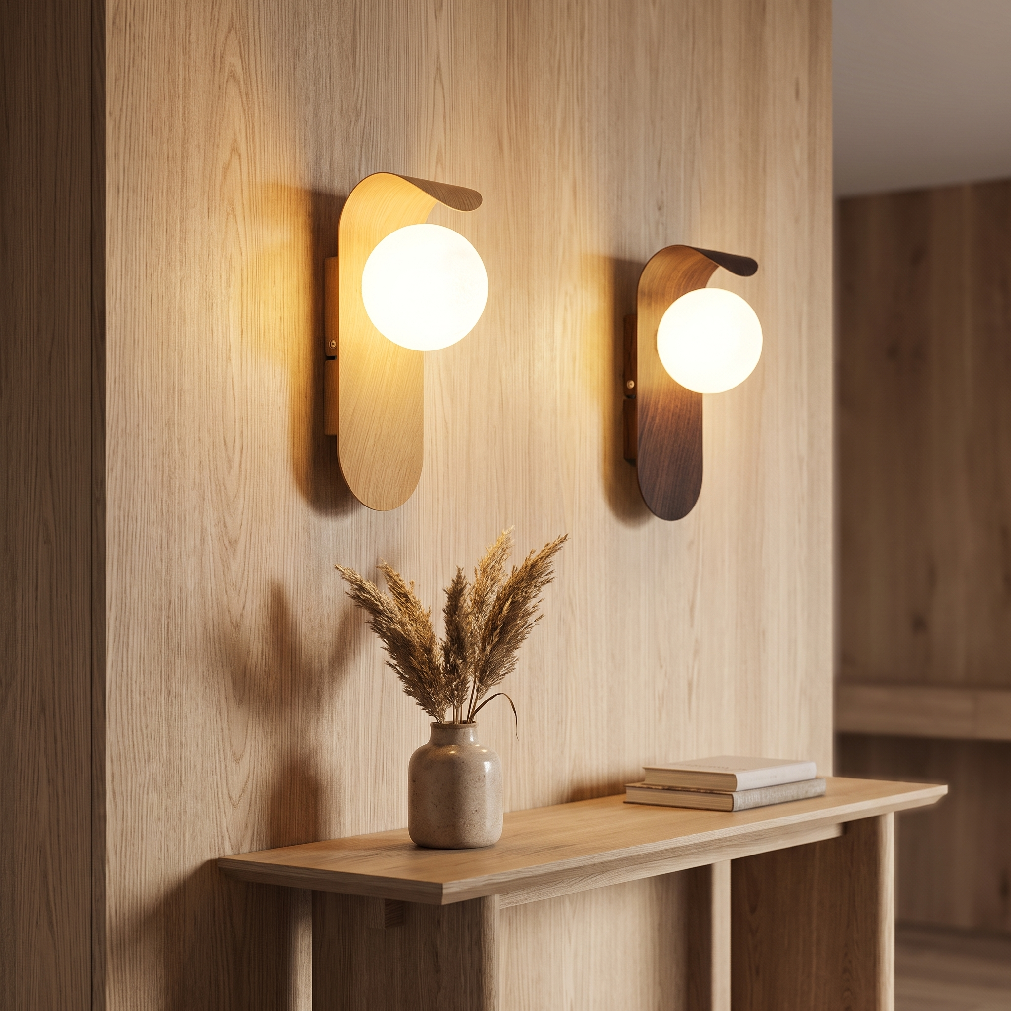 Carlyle Wall Lamp, Frosted Glass Globe, Wood-Tone Finish