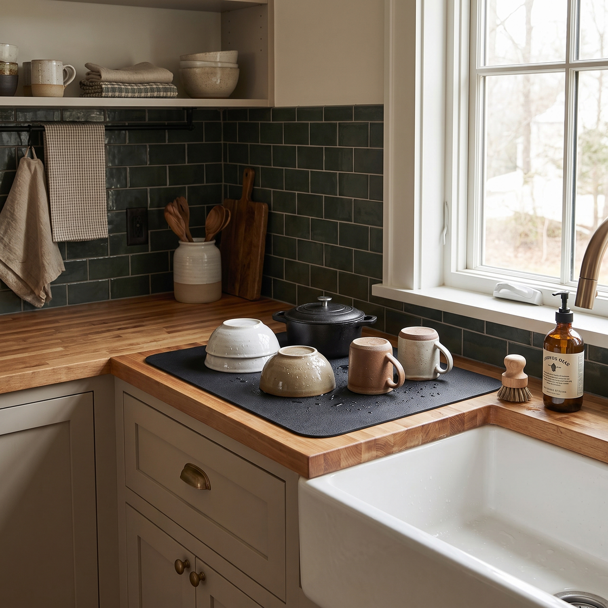 Bowls, mugs and a pot drying on a black mat by a sink