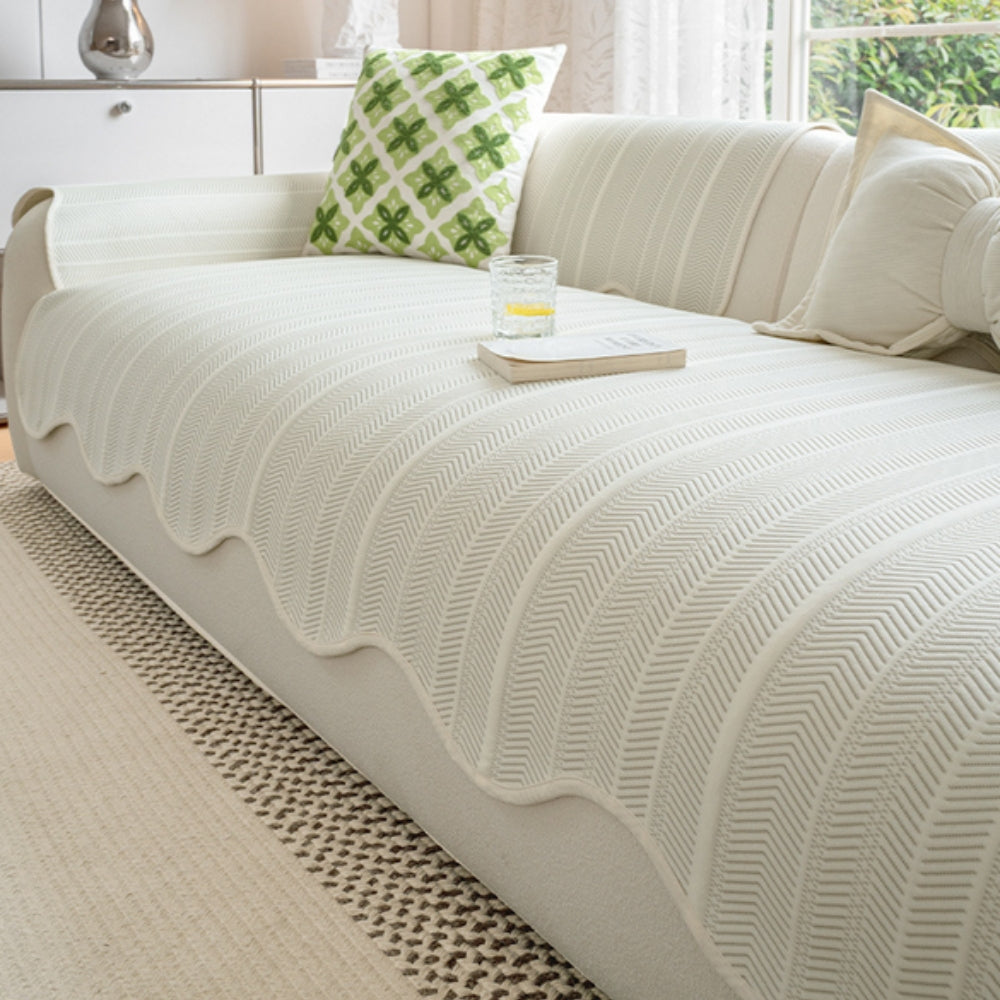 Elowen Herringbone Sofa Cover, Scalloped Edge Microfiber