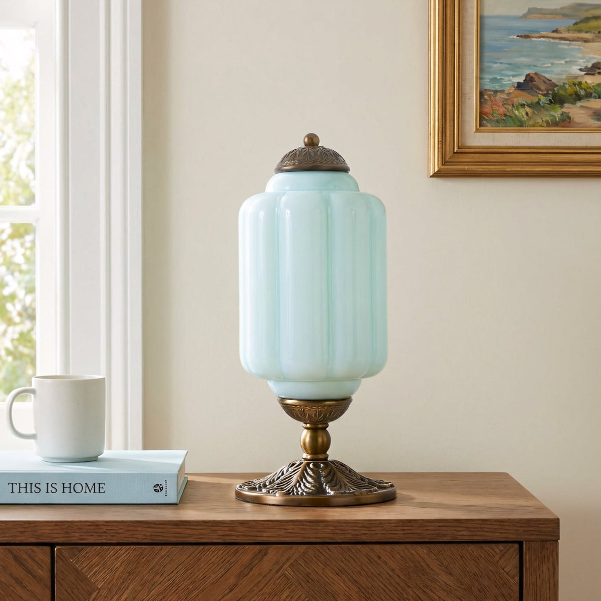 French Retro Cream Glass Table Lamp, Brass Base