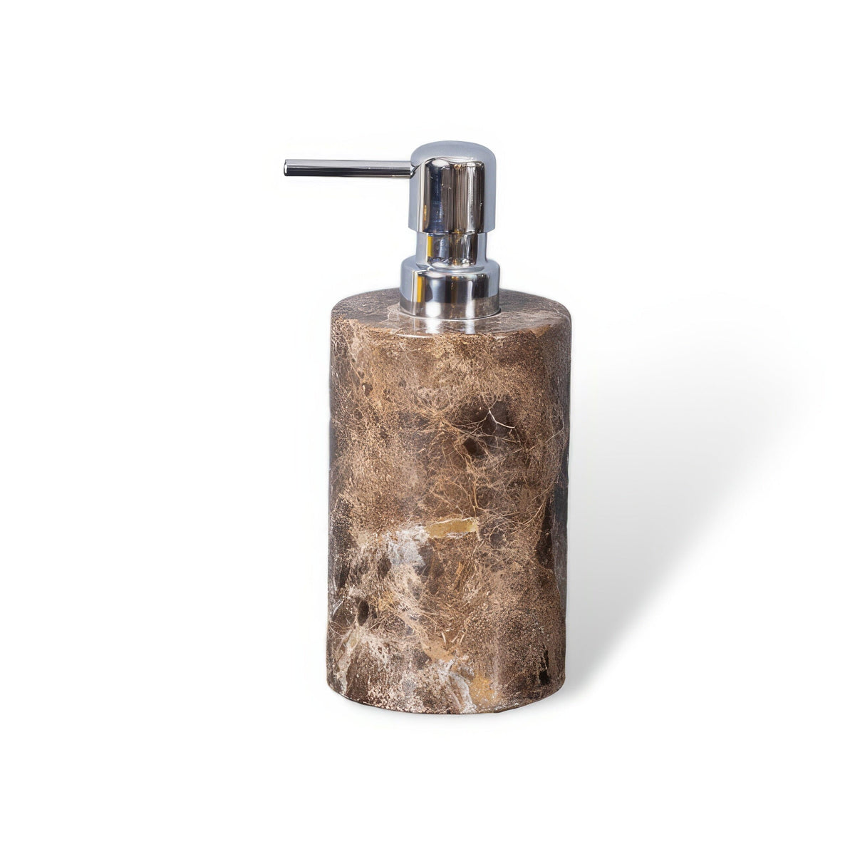 Emperador marble soap dispenser, round, silver on white