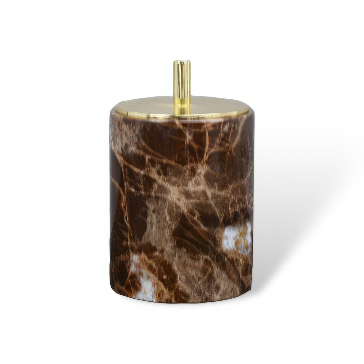 Emperador marble swab box, round, gold lid on white