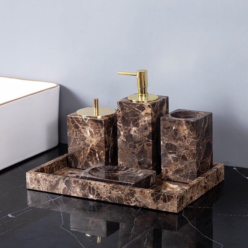 Emperador marble bathroom set with gold hardware on a tray