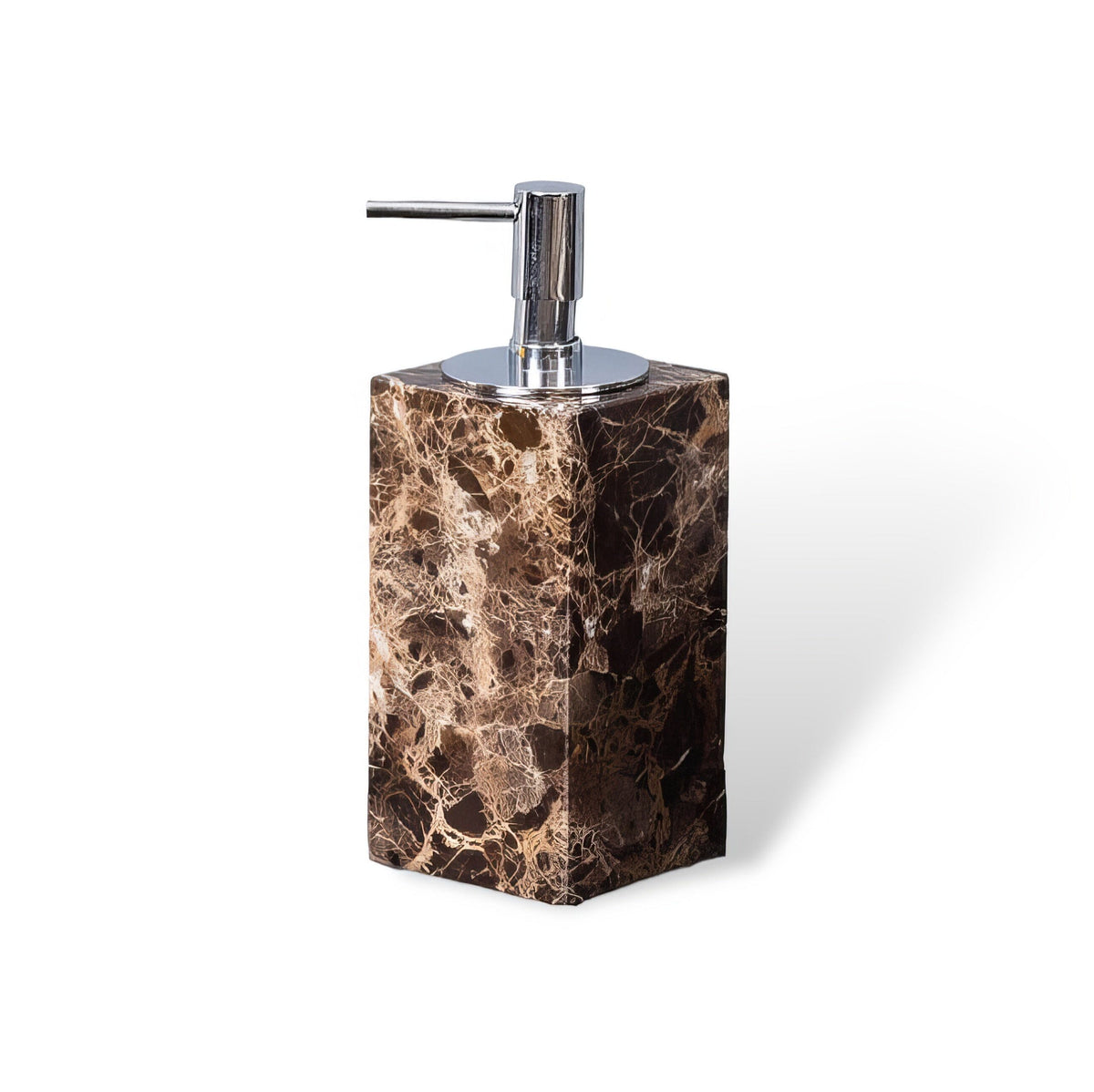 Emperador marble soap dispenser, square, silver on white