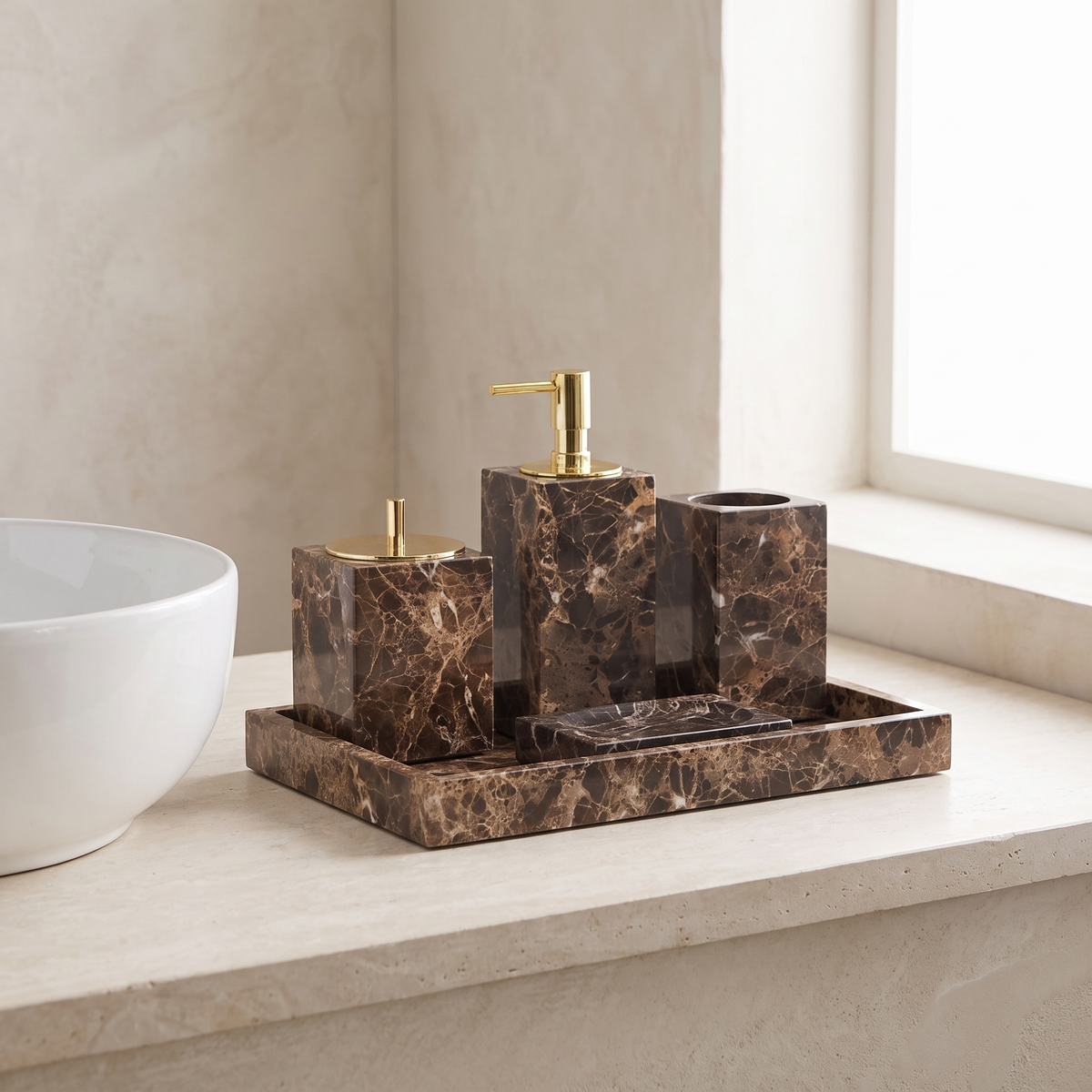 Emperador dark marble bathroom accessories on a vanity