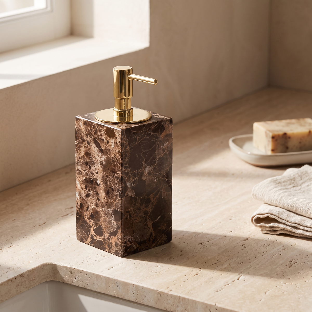 Close view of the brown, tan and cream veining in Emperador marble