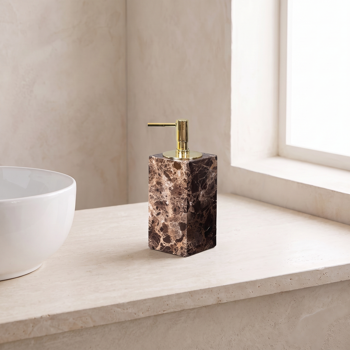 Emperador marble soap dispenser, square, gold