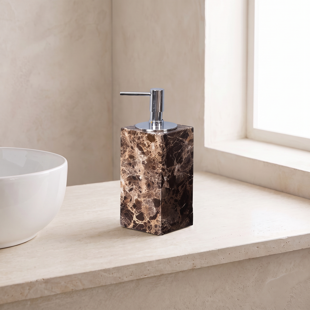 Emperador marble soap dispenser, square, silver