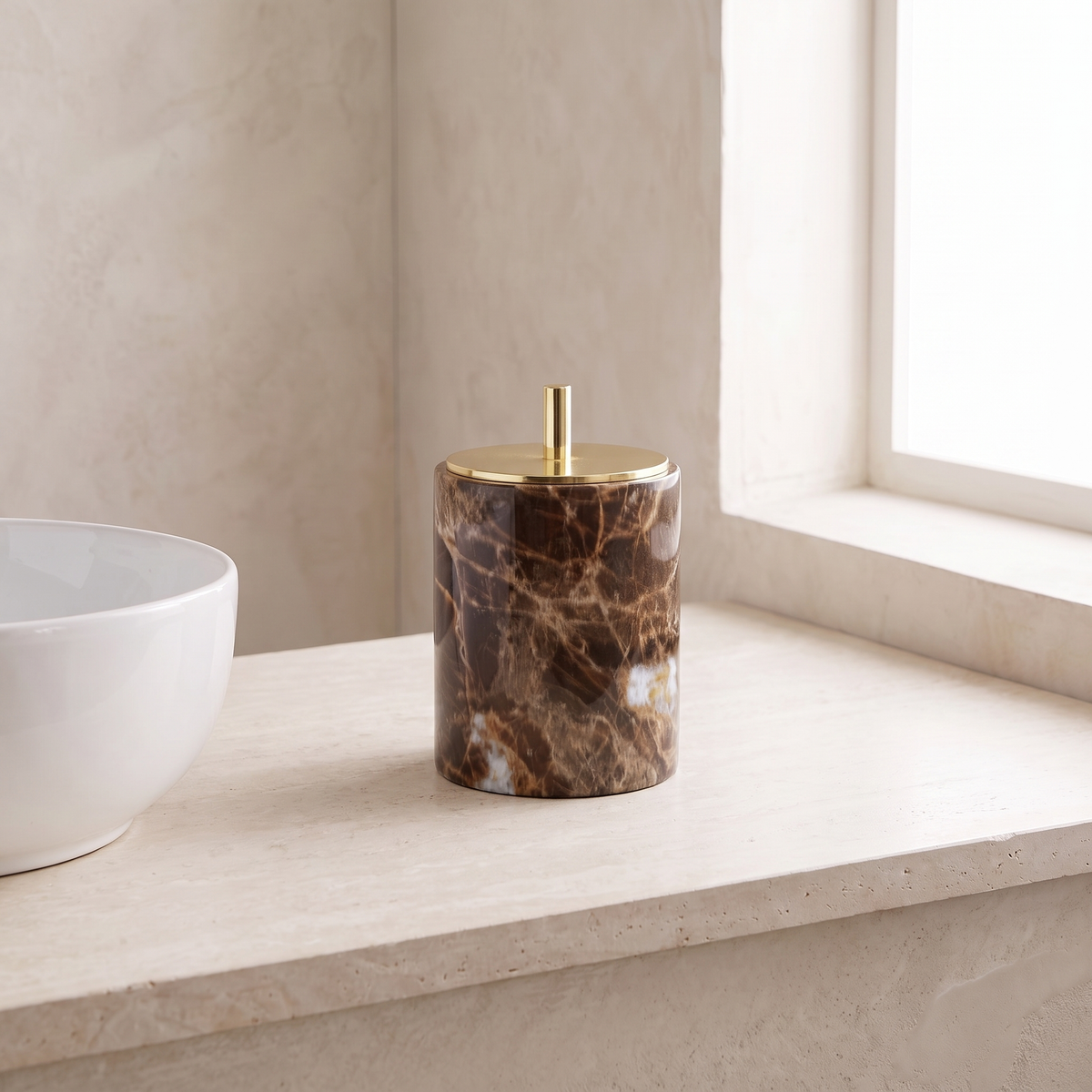 Emperador marble swab box, round, gold lid