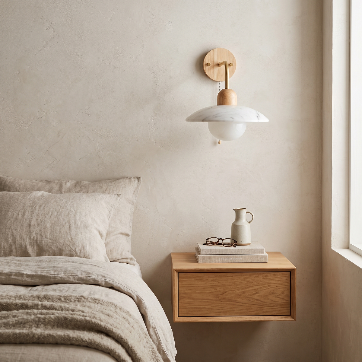 Elowen Travertine Wall Lamp, Gold Arm, Dimmable