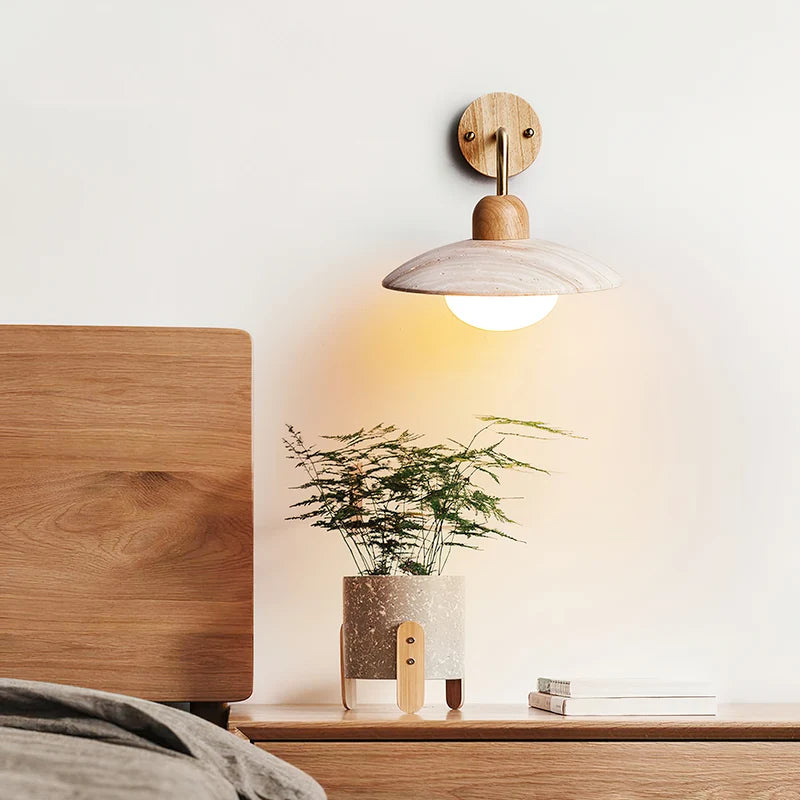 Elowen Travertine Wall Lamp, Gold Arm, Dimmable