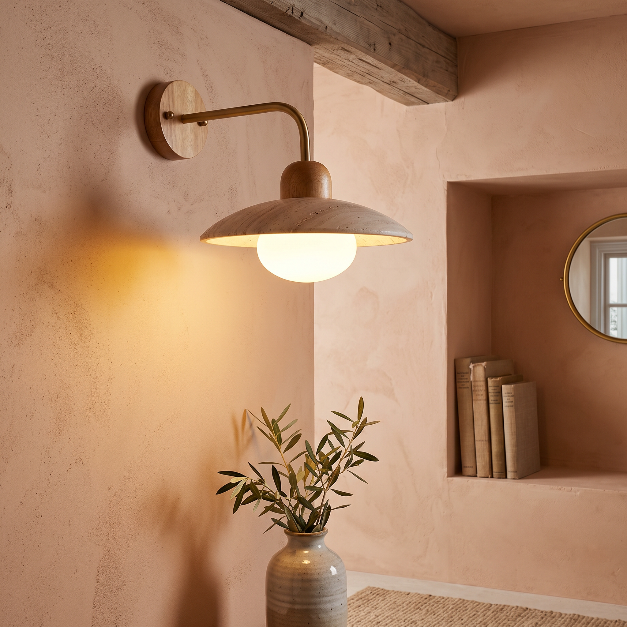 Elowen Travertine Wall Lamp, Gold Arm, Dimmable