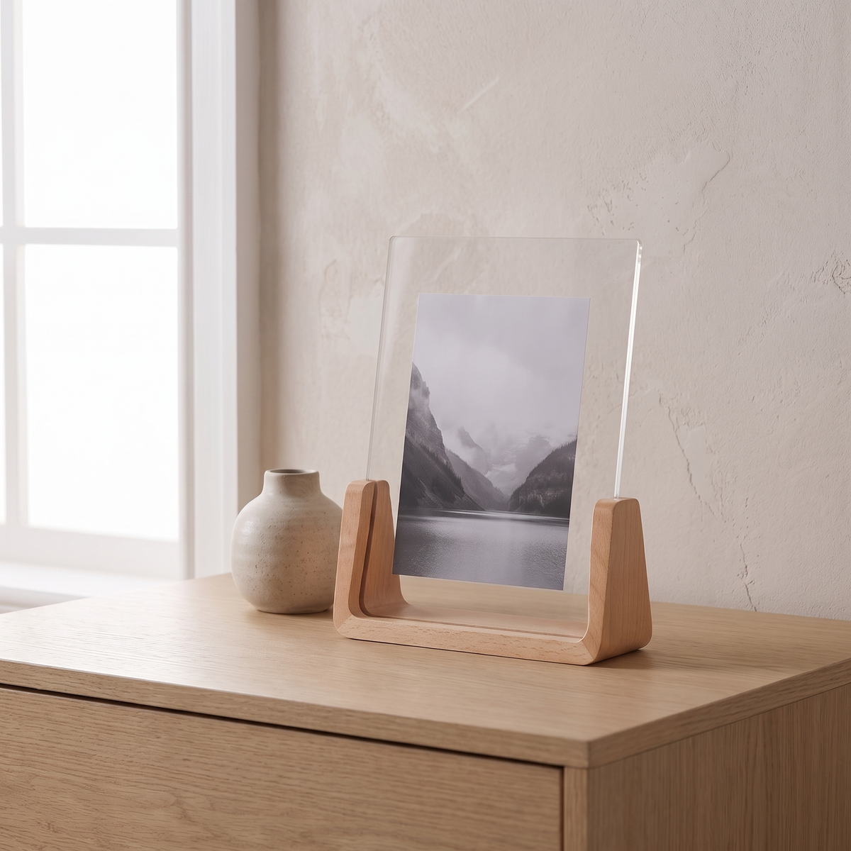 Fana U shaped wood photo frame with a landscape print on an oak dresser