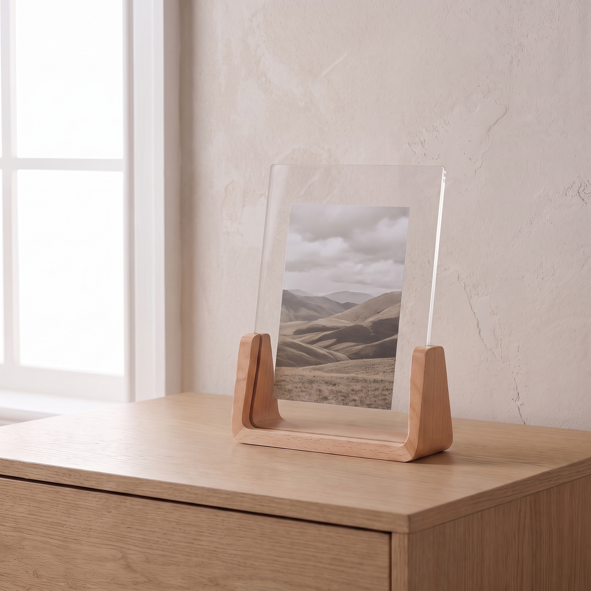 Fana frame, vertical, beech wood, holding a landscape print on an oak dresser