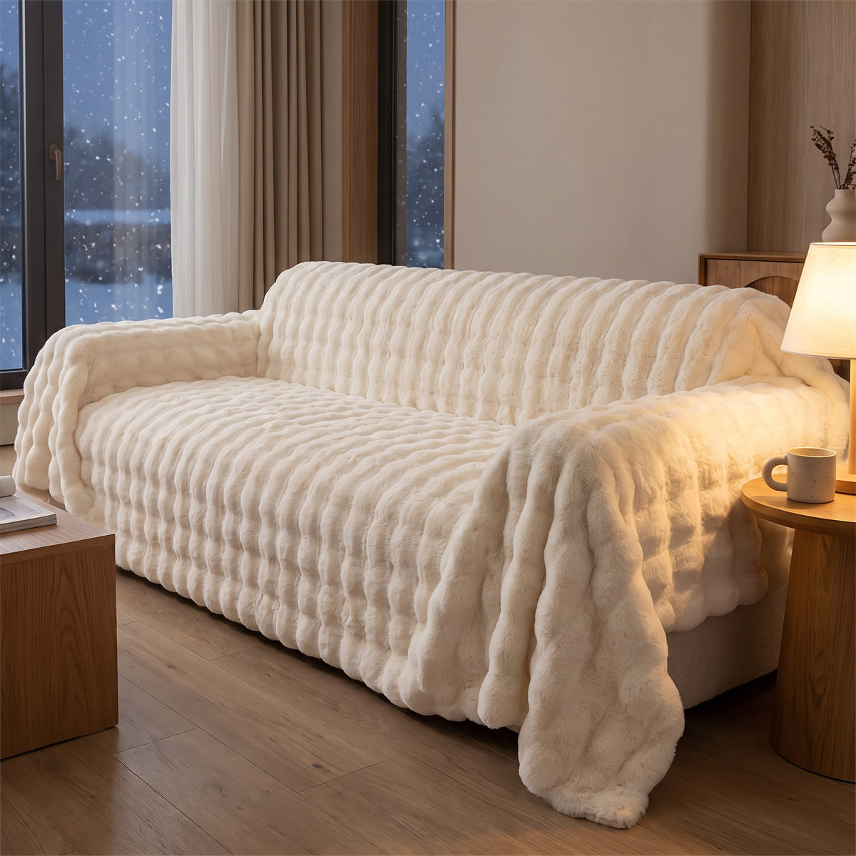 Sofa Cover in Beige on a sofa in a lived in room